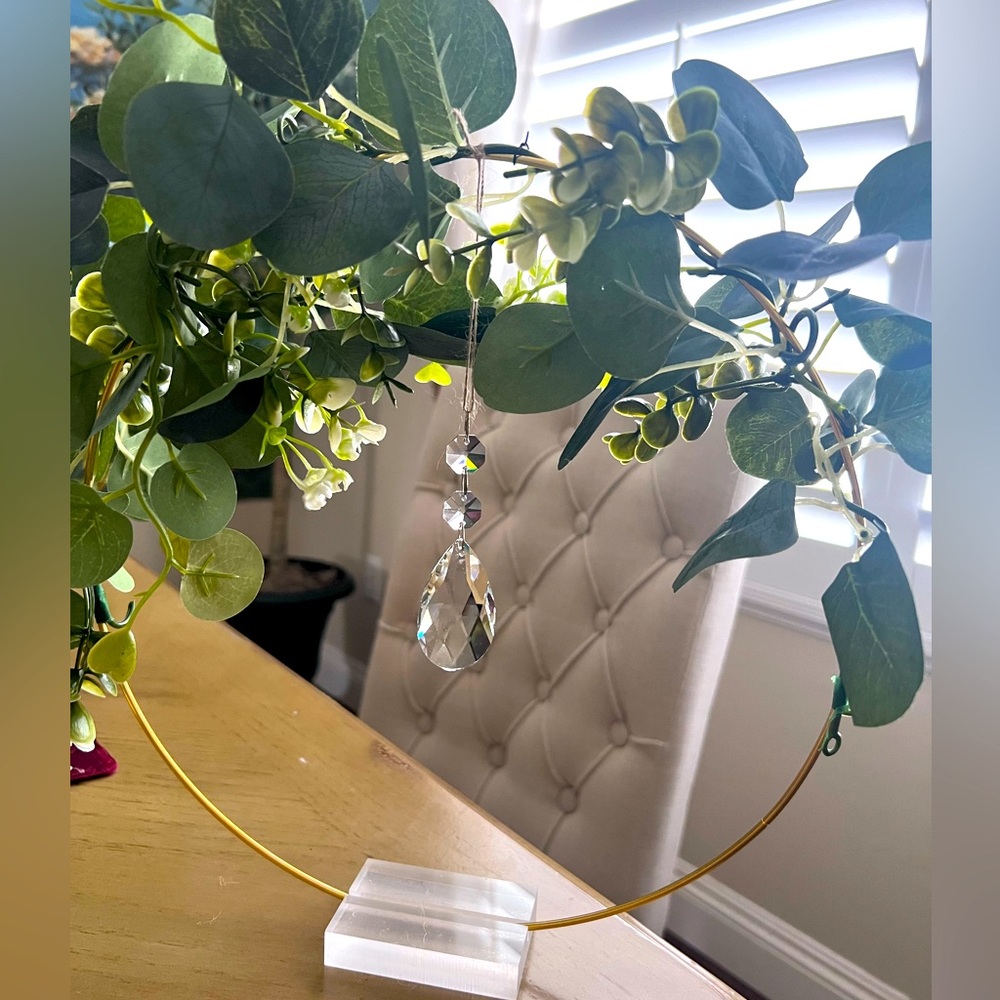 Metal wreath hoop. 11.8 inches. Greenery and jewel included.